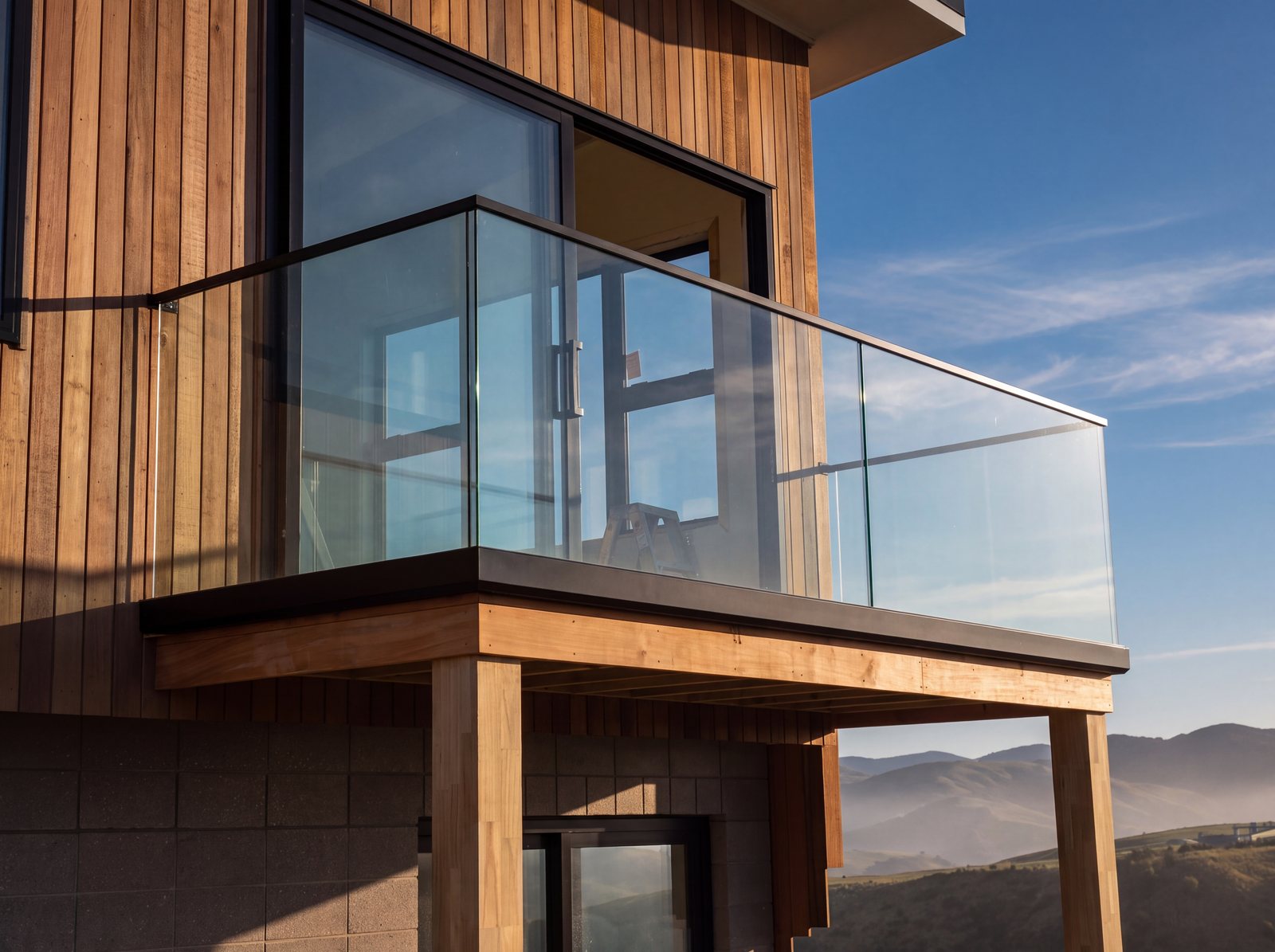 Baranda de vidrio templado en terraza de casa de madera, obra de INGEALUM