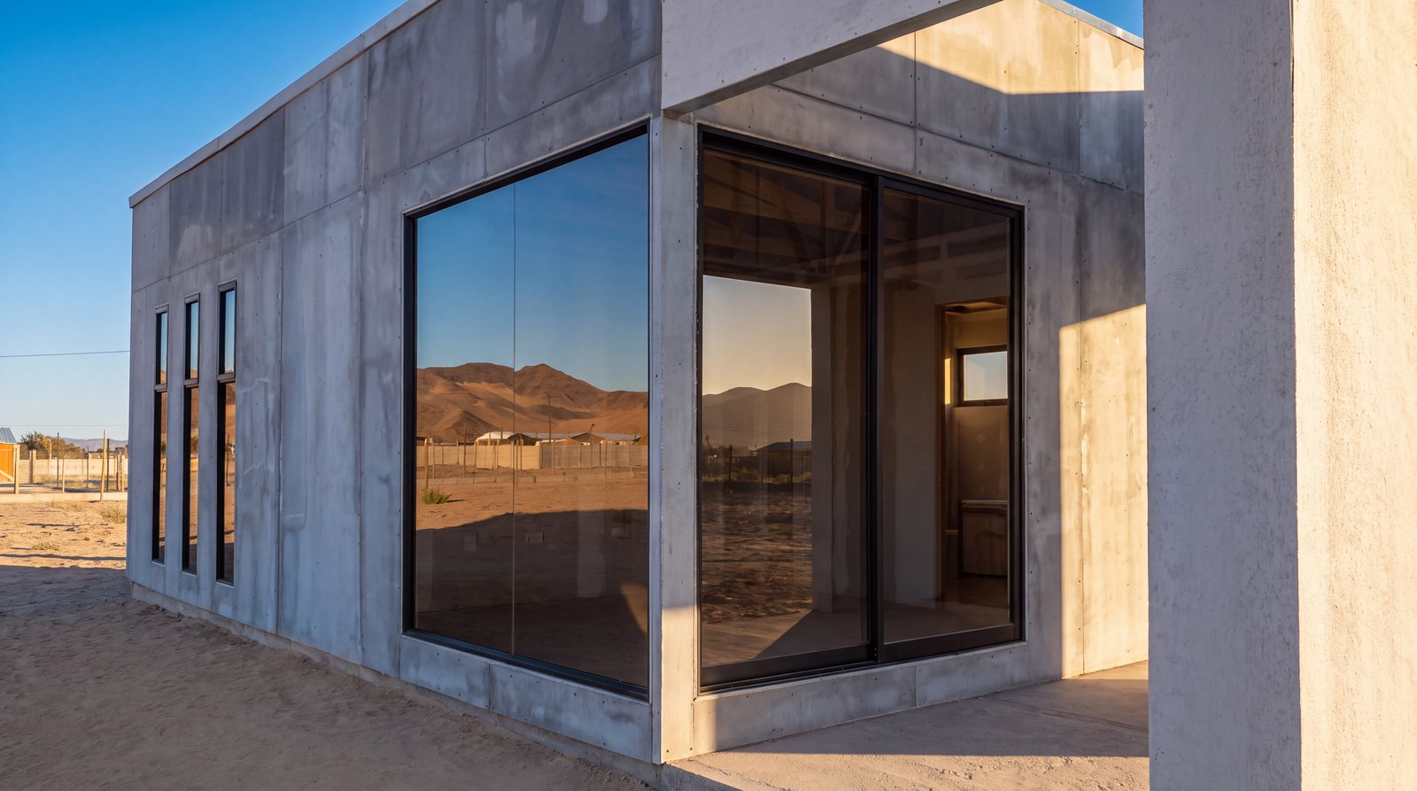 Ventana panorámica con marco negro en casa de hormigón, obra de INGEALUM