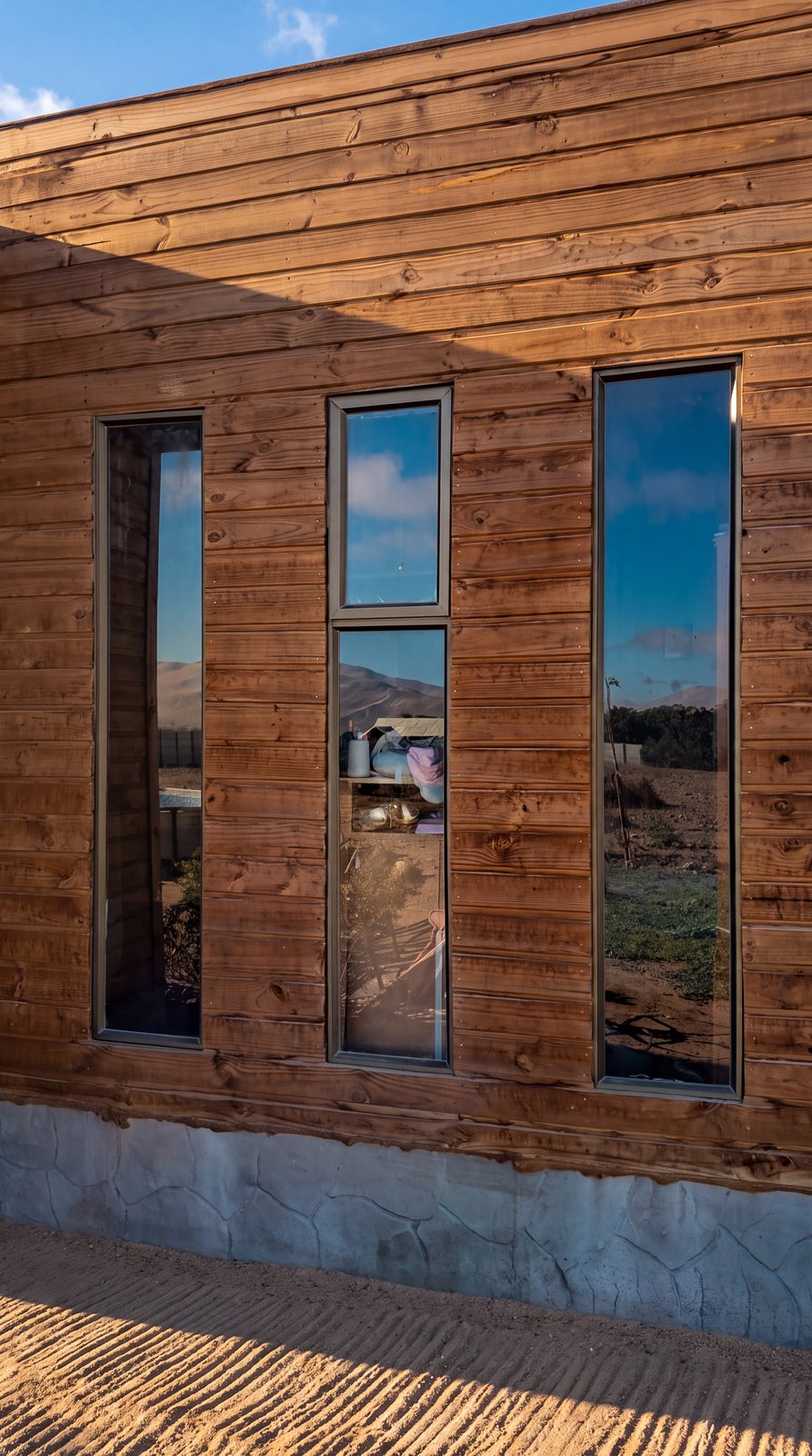 Tres ventanas verticales con marco de aluminio en casa revestida en madera, obra de INGEALUM