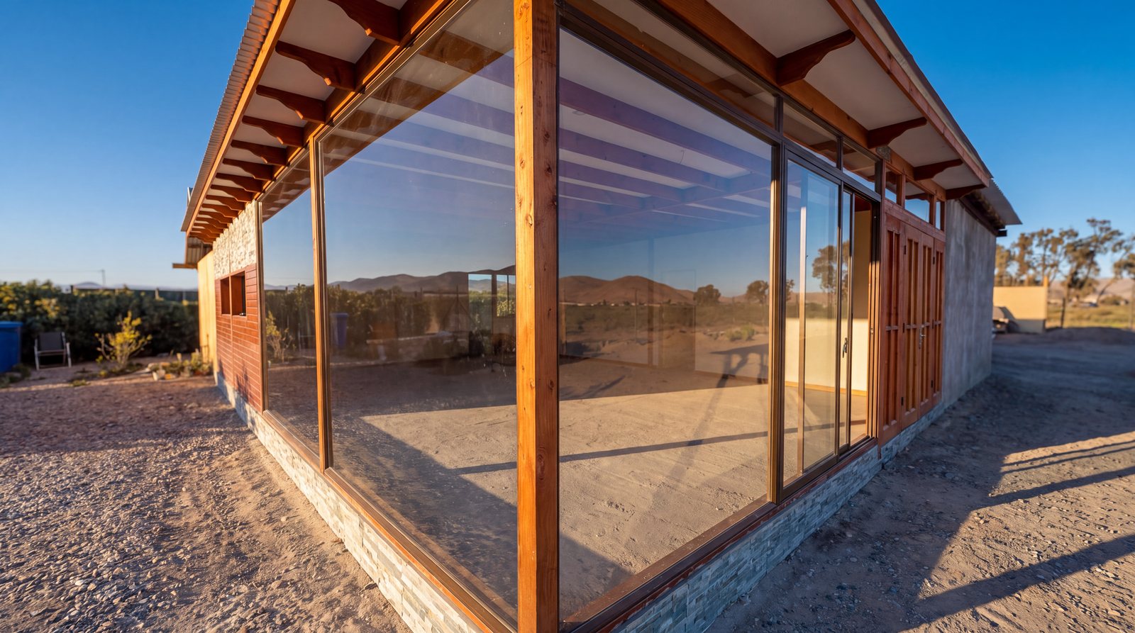 Ventanal esquinero de piso a cielo con marco de madera y puerta corredera de aluminio, obra de INGEALUM