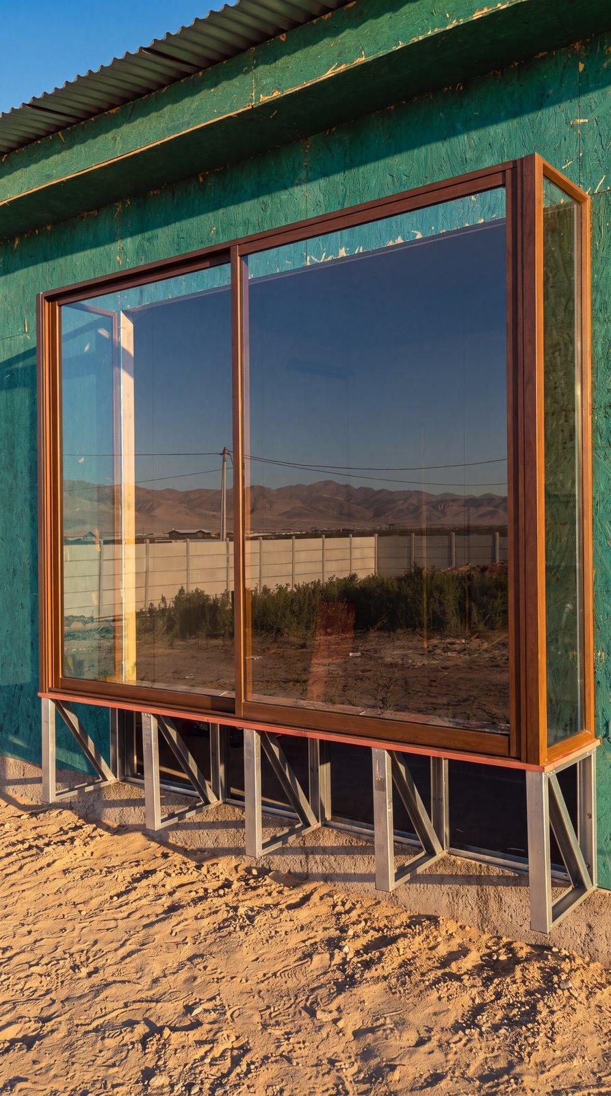 Ventanal corredera con marco de madera reflejando el desierto de Atacama, obra de INGEALUM